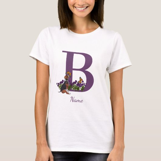 ビーグル子犬 バタフライ モノグラムイニシャルB 名前  Tシャツ (正面)