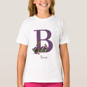 ビーグル子犬 バタフライ モノグラムイニシャルB 名前 Tシャツ