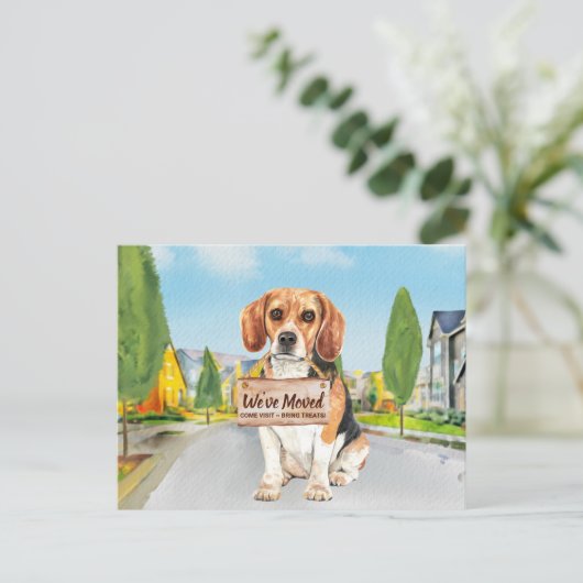 ビーグル引っ越しました新しいアドレスかわいい犬の移動 案内ポストカード (スタンド正面)