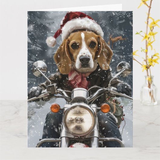 ビーグル犬がバイクに乗るクリスマス カード (黄色い花)