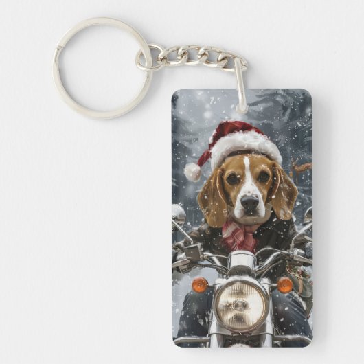 ビーグル犬がバイクに乗るクリスマス キーホルダー (正面)