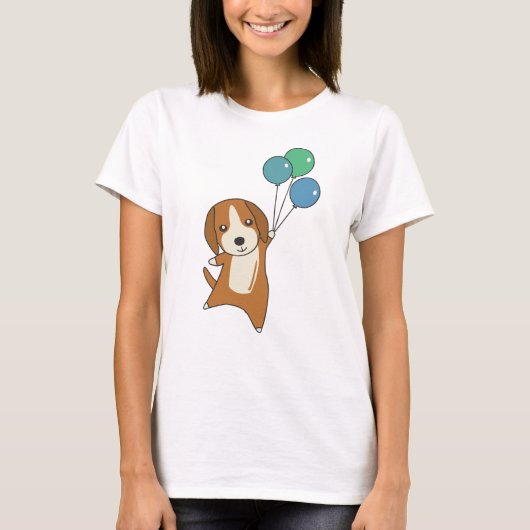 ビーグル犬が気球で飛び上がる Tシャツ (正面)