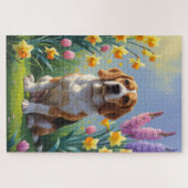 ビーグル犬と春の花の絵画 ジグソーパズル (横)