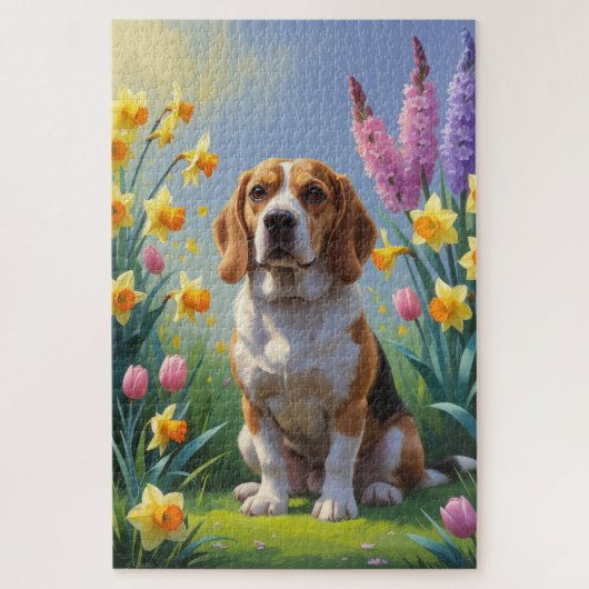 ビーグル犬と春の花の絵画 ジグソーパズル (縦)