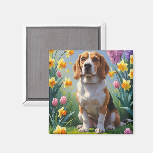ビーグル犬と春の花の絵画 マグネット (正面/裏面)