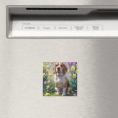 ビーグル犬と春の花の絵画 マグネット (インサイチュ (食洗機))