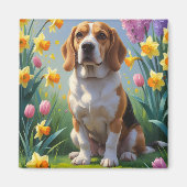 ビーグル犬と春の花の絵画 マグネット (正面)