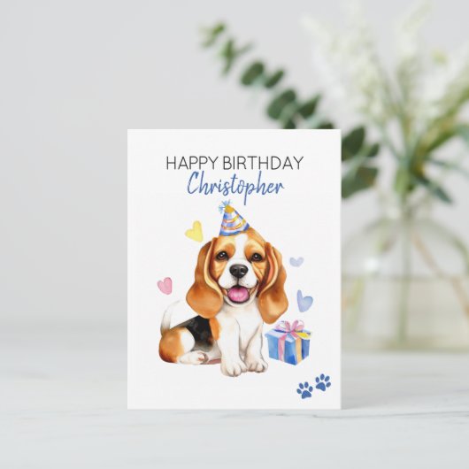 ビーグル犬のカスタマイズ誕生日カード ポストカード (スタンド正面)
