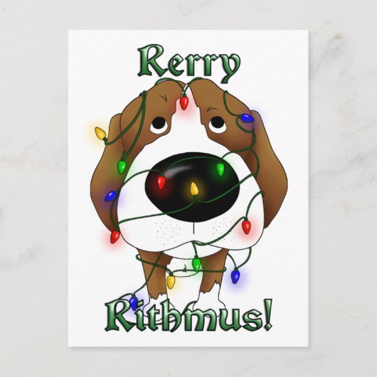 ビーグル犬のクリスマスの照明 シーズンポストカード (正面)