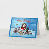 ビーグル犬のクリスマスサンタおよび動物の挨拶状 シーズンカード (正面)