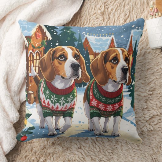 ビーグル犬のクリスマス雪の休日 クッション (ブランケット)