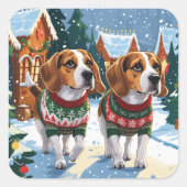 ビーグル犬のクリスマス雪の休日 スクエアシール (正面)