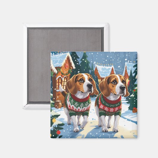 ビーグル犬のクリスマス・スノーホリデー マグネット (正面/裏面)