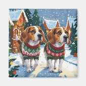 ビーグル犬のクリスマス・スノーホリデー マグネット (正面)