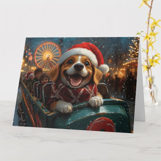 ビーグル犬のジェットコースター クリスマス カード (黄色い花)