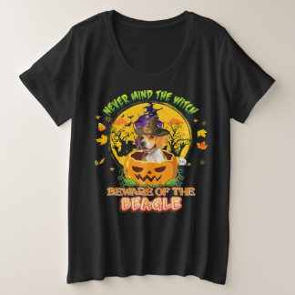 ビーグル犬のハロウィーンに気を付ける魔女 プラスサイズTシャツ