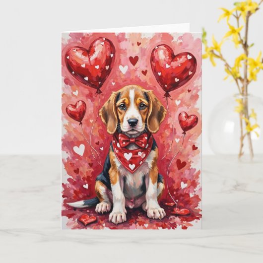 ビーグル犬のバレンタインデー　ハートの赤い犬 カード (黄色い花)