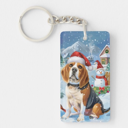 ビーグル犬の冬の不思議な世界 クリスマスの喜び キーホルダー (正面)
