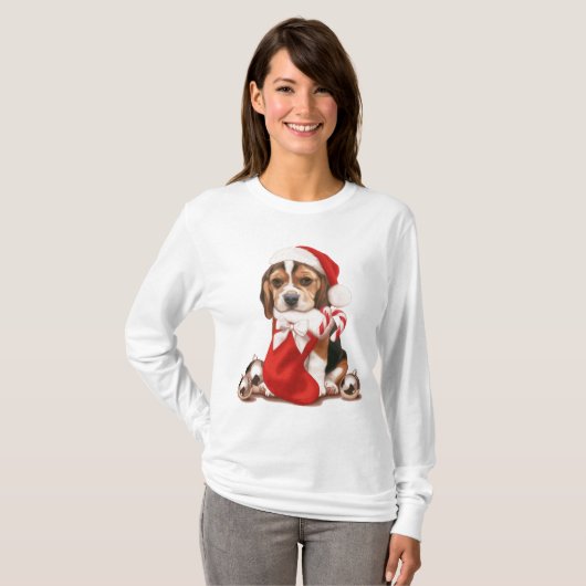 ビーグル犬の子犬のクリスマス Tシャツ (正面フル)