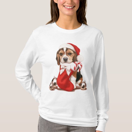 ビーグル犬の子犬のクリスマス Tシャツ (正面)