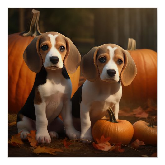ビーグル犬の子犬の秋の喜びのかぼちゃ ポスター (正面)