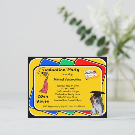 ビーグル犬の子犬の赤い卒業のグローラーのパーティーの招待 招待状 (スタンド正面)