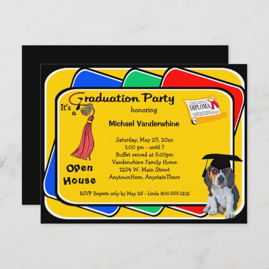 ビーグル犬の子犬の赤い卒業のグローラーのパーティーの招待 招待状 (正面/裏面)