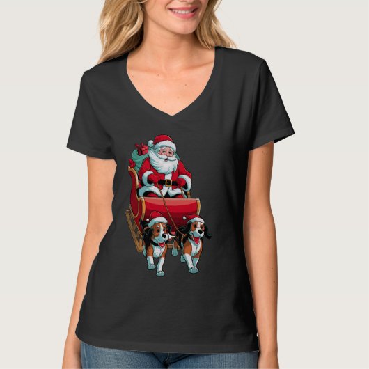 ビーグル犬の恋人クリスマスサンタライディングススレー Tシャツ (正面)