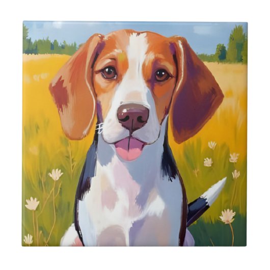 ビーグル犬の水彩ペット絵画 タイル (正面)