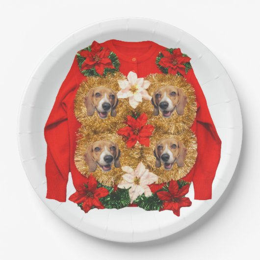 ビーグル犬の醜いクリスマスのセーター ペーパープレート (正面)