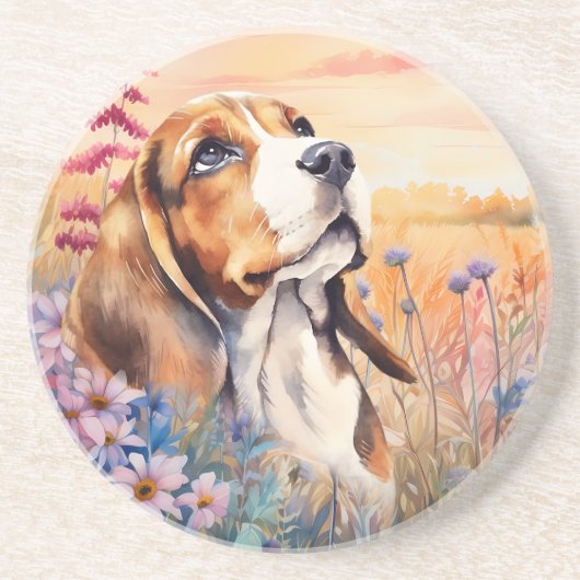 ビーグル犬愛好家とワイルドフラワーの草原のサンドストーン コースター (正面)