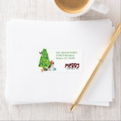 ビーグル犬、クリスマスツリーと鳥の差出人住所 ラベル (インサイチュ)