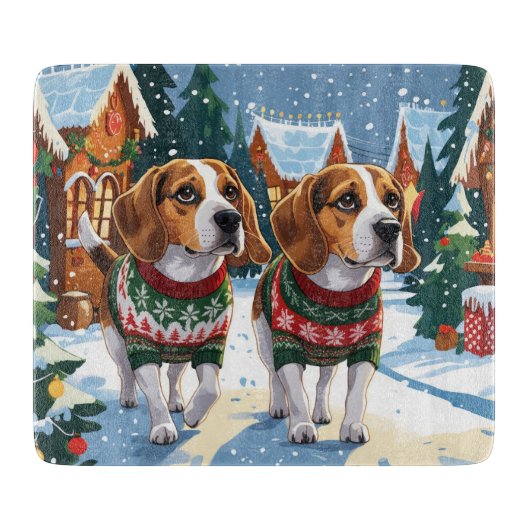ビーグル犬 クリスマス スノー ホリデー カッティングボード (正面)