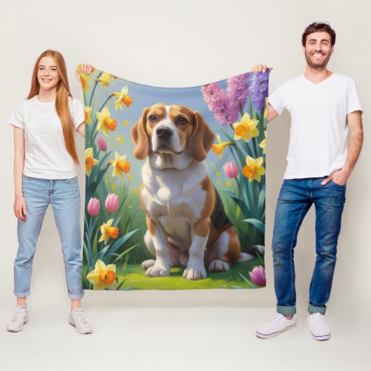 ビーグル犬 春の花の絵画 フリースブランケット (インサイチュ)