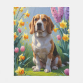 ビーグル犬 春の花の絵画 フリースブランケット (正面)