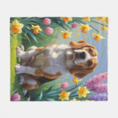 ビーグル犬 春の花の絵画 フリースブランケット (正面(横))