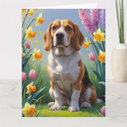 ビーグル犬 春の花の絵 カード (正面)