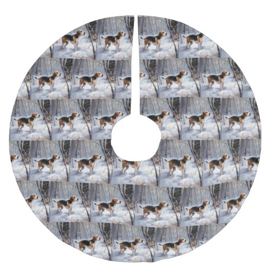 ビーグル雪のクリスマスを手放す ブラッシュドポリエステルツリースカート (正面)