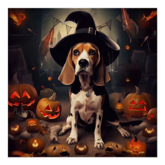 ビーグル カボチャ ハロウィン おばけ ポスター (正面)