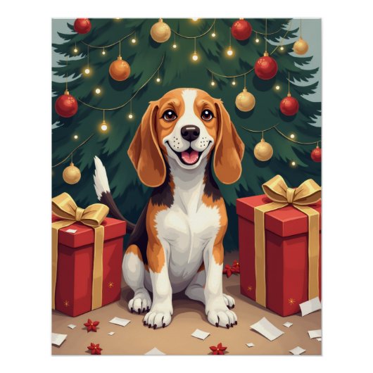 ビーグル・クリスマスの朝のプレゼント開封の絵 ポスター (正面)