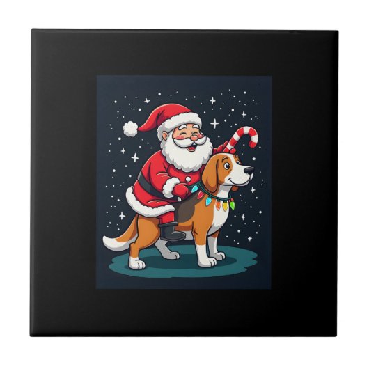 ビーグル クリスマス ライト サンタ ビーグル犬に乗る タイル (正面)