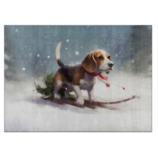 ビーグル クリスマス 雪 冬 カッティングボード (正面)