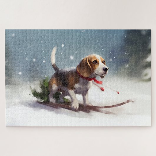 ビーグル クリスマス 雪 冬 ジグソーパズル (横)