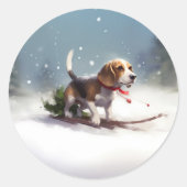 ビーグル クリスマス 雪 冬 ラウンドシール (正面)
