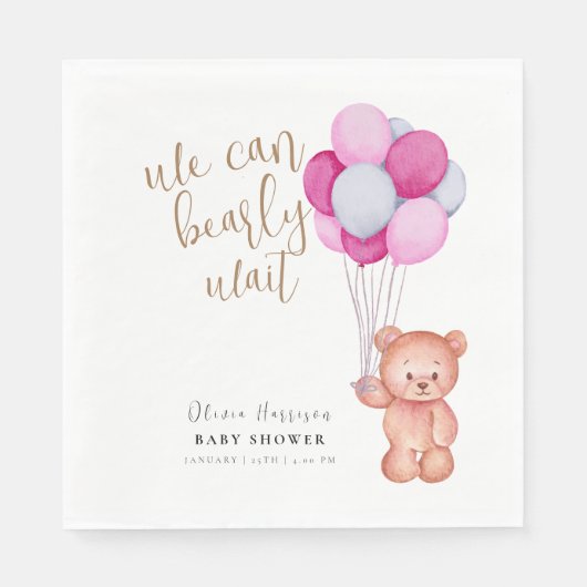 ビーシンプルリー待ちベアピンクバルーンベビーシャワー スタンダードランチョンナプキン (正面)