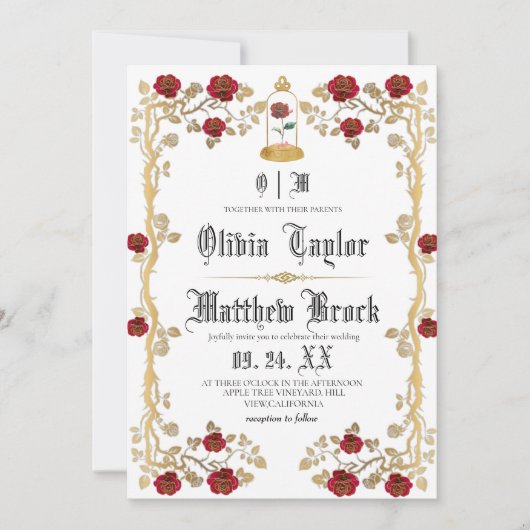 ビースト&ザ美しい金ゴールドレッドフェアユタレ結婚ーズ 招待状 (正面)