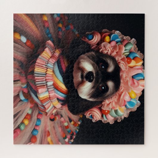 ビーズのドレスを着た可愛い犬 ジグソーパズル (横)