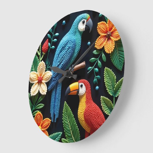 ビーズの森の中のオウムとトゥーカン ラージ壁時計 (傾斜)