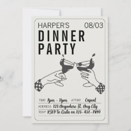 ビーズアンドブラックレトロイラストレーションディナーパーティー 招待状