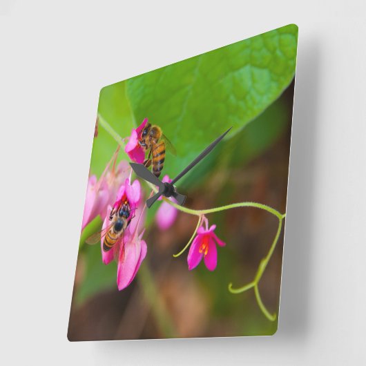 ビーズオンコーラルつる植物花 スクエア壁時計 (傾斜)